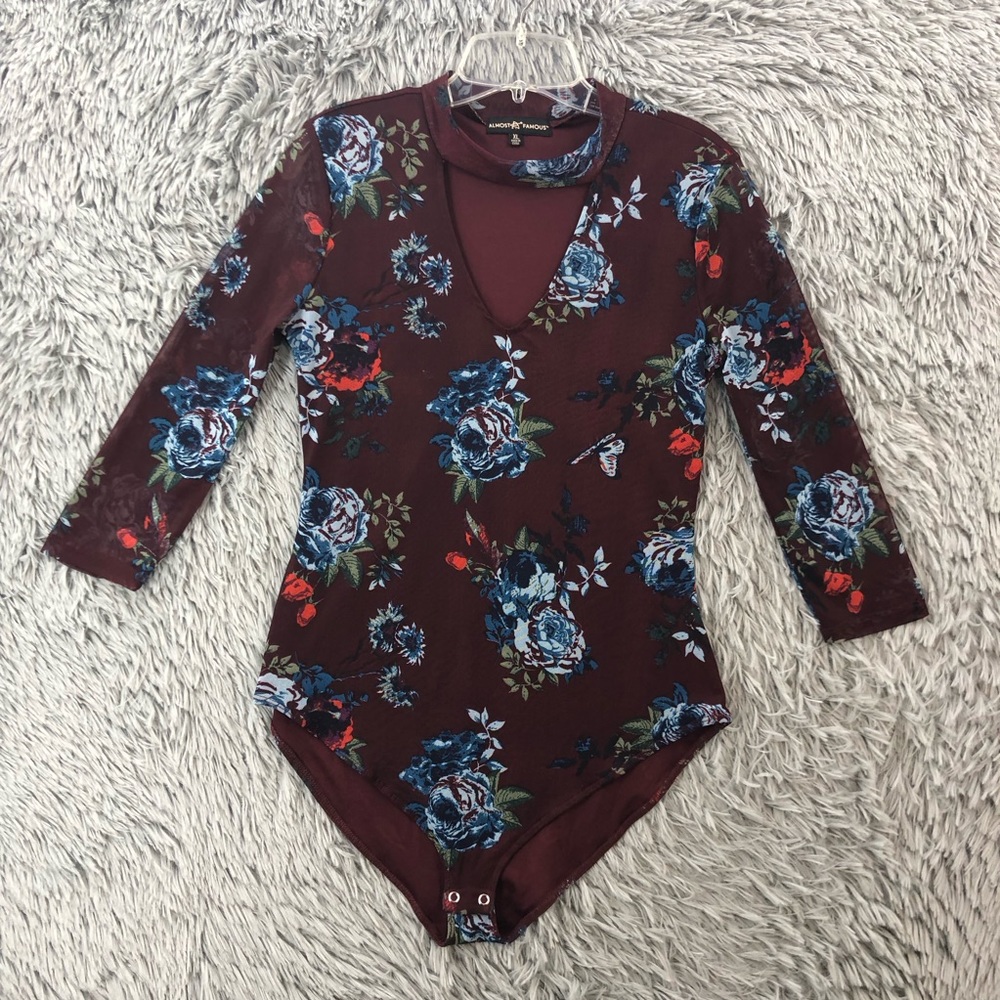 Almost Famous Bodysuit Womens XL Floral Keyhole Opening Sheer Arms Snap Closure